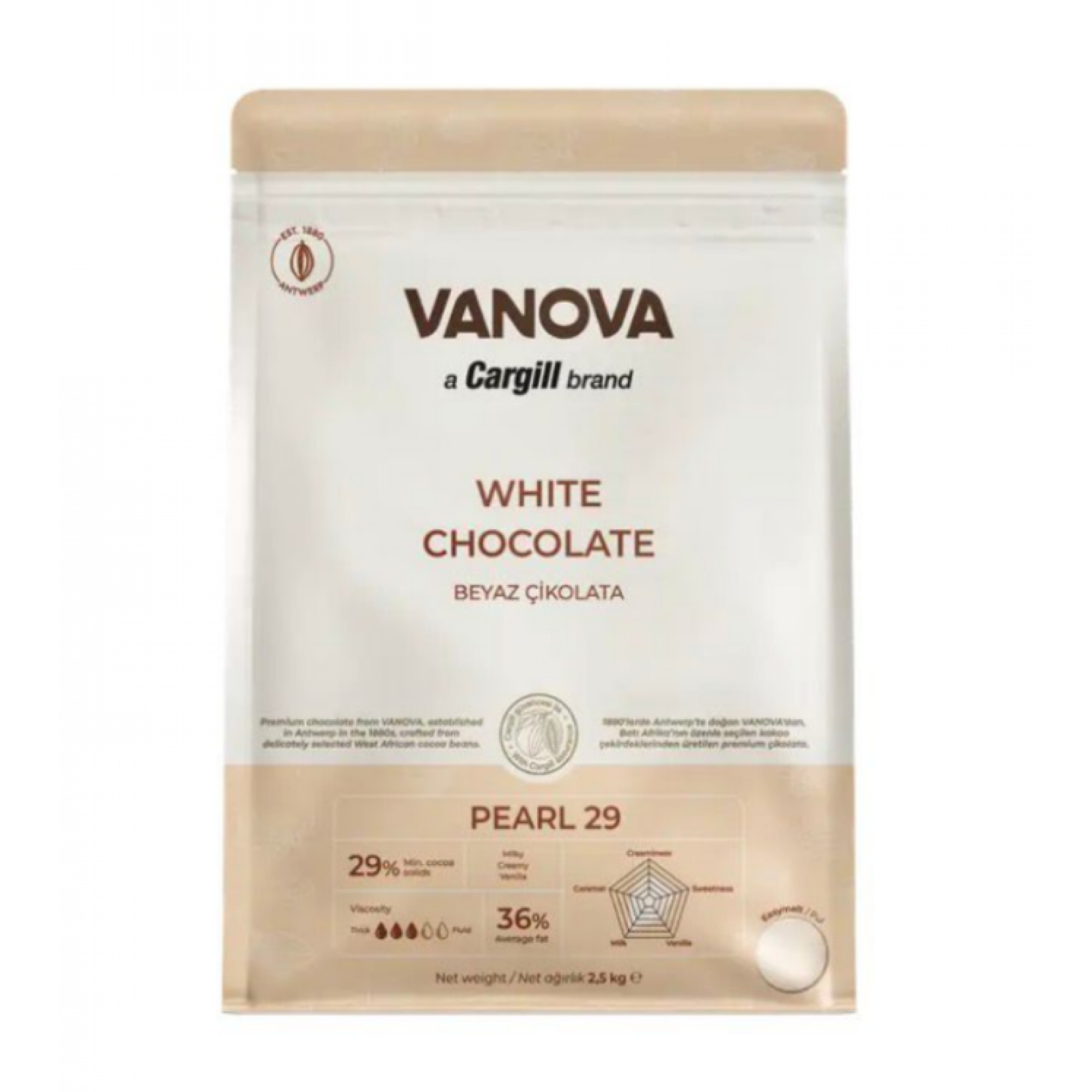 Vanova Pearl 29% Belçika Beyaz Kuvertür Çikolata 2,5 KG