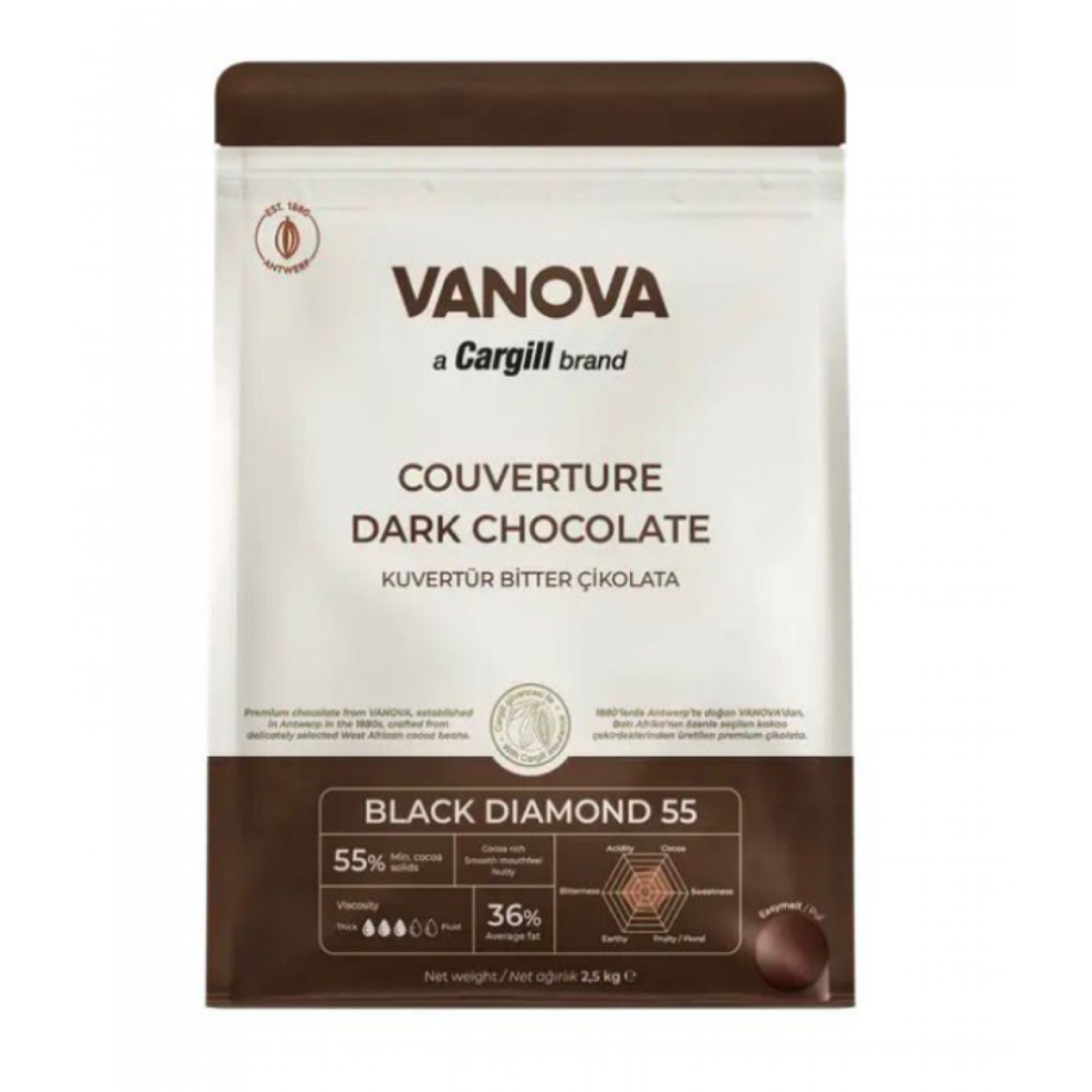 Vanova Black Diamond 55% Belçika Kuvertür Bitter Çikolata 2,5 KG
